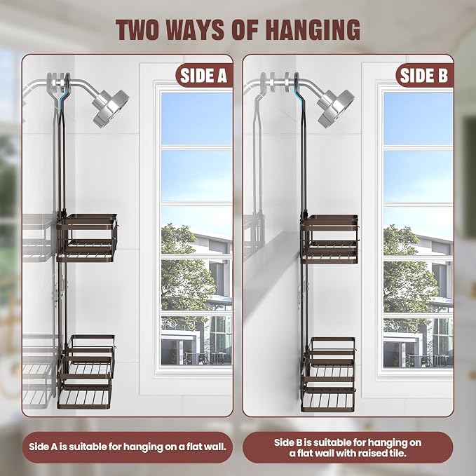 REINHARDT Adjustable Shower Caddy Hanging for Handheld Showerheads, Bronze | Patented Shower Organizer, Rustproof, 40lbs Capacity, Anti-Swing, Tool-Free, Suction Cups, 8 Hooks, Soap & Toothbrush Holder