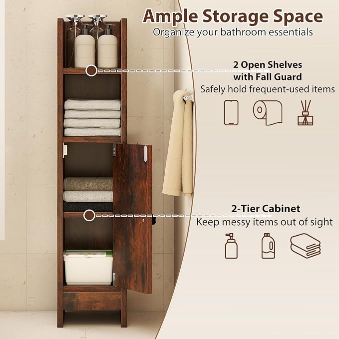 GIANTEX Bathroom Cabinet, Narrow Side Cabinet with Adjustable Shelf, Bathroom Cabinet, Space Saving, Storage Cabinet for Laundry Room, Living Room & Kitchen, 20 x 18 x 80 cm (Brown)