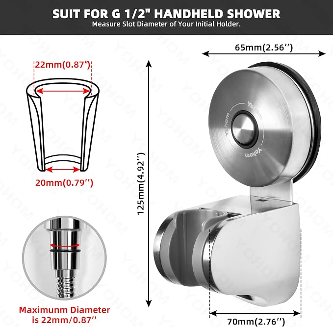 YOHOM Shower Head Holder Suction Cup Handheld Shower Bracket Adjustable Vacuum Shower Wand Hose Holder for Sprayer Nozzle Removable Bathroom Shower Accessory Clip Wall Mount Stainless Steel Brushed