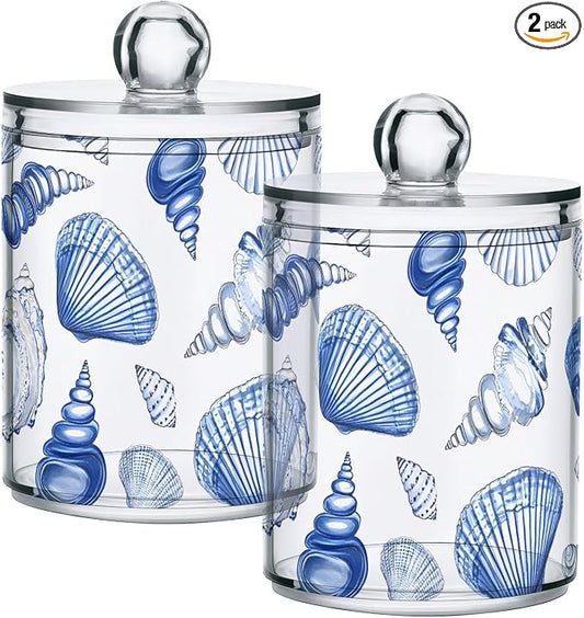 2 Pack Qtip Holder Dispenser for Cotton Ball Blue Seashells Ocean Nautical Coastal Cotton Swab Round Pads Clear Plastic Acrylic Jar Set Bathroom Canister