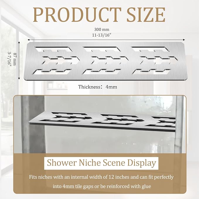 Rectangular Shelf for 12 Inch Tile Prefabricated Niches, Shower Niche Shelf with Brushed Anodized Aluminum Finish, Fits 1/8 inch Grout Lines Shower Niche Insert