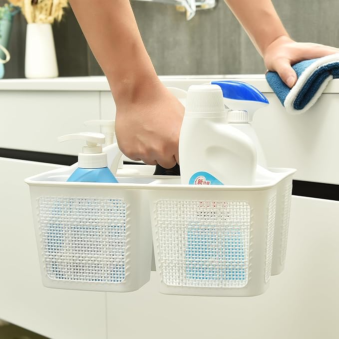 NINU Plastic White Shower Caddy Basket, Divided Cleaning Portable Shower Basket with Handle Compartments Storage Organizer for Bathroom, College, Kitchen, Dorm Room Essentials