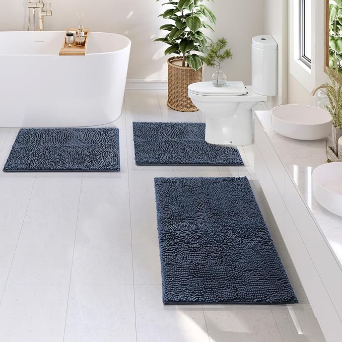 Hearth & Harbor Bathroom Rugs, Chenille Bath Mat - Machine Washable Bath Mats for Bathroom Non-Slip Backing Rubber, Quick Dry Mat - Navy Blue Bath Rug, 17x24-20x32-20x24