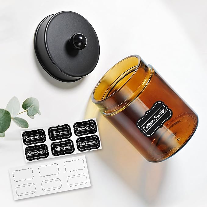 Amolliar Amber Glass Apothecary Jars Qtip Holder w/Metal Lids,Black 4pc | for Bathroom Vanity Storage, Countertop, Farmhouse Style, Holds Cotton Swabs, Dental Floss, Makeup Sponges