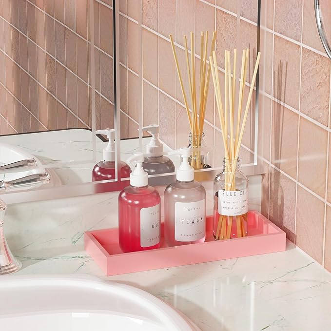 ZHWS Bathroom Vanity Tray for Perfume Decor Toilet Tank Candle Toiletries, Kitchen Tray for Soap Dispenser Spice Salt Coffee, Bamboo Nightstand Tray 11.3”x4.4” (Pink)