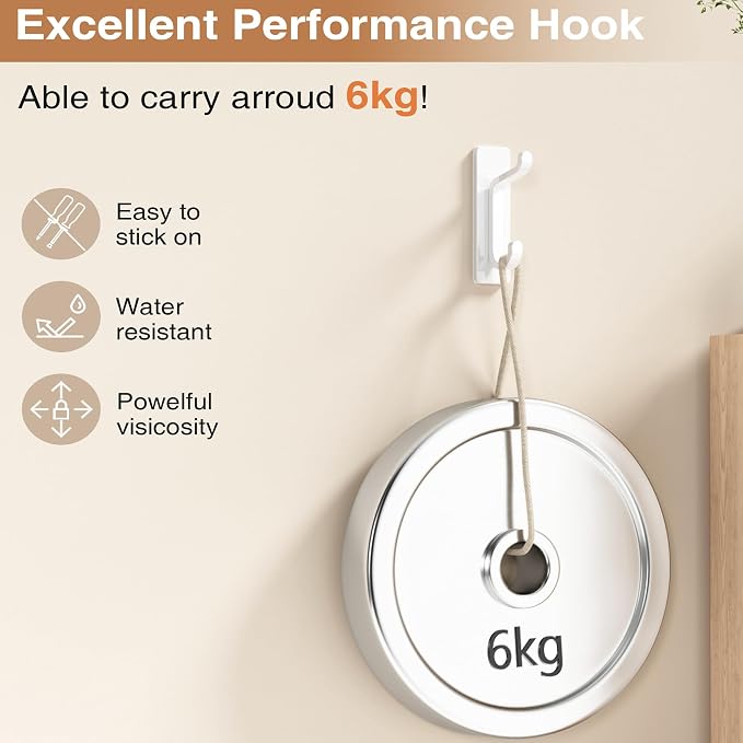 Self Adhesive Wall Hooks for Hanging: Extra Strong 13 LB, Hook for Coat, Towel in Bathrooms, Shower, Kitchen, Wall, Door Hook, White 4 Pack