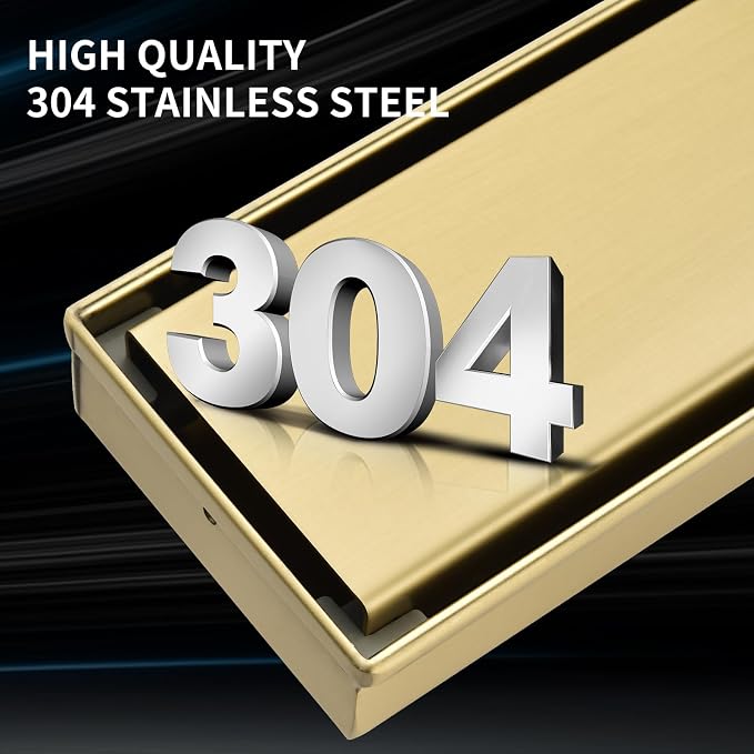 Linear Shower Drain ，with Tile Insert Panels ，28 Inch Brushed Gold 304 Stainless Steel Rectangle Shower Floor Drain，with Hair Catcher, Adjustable Feet