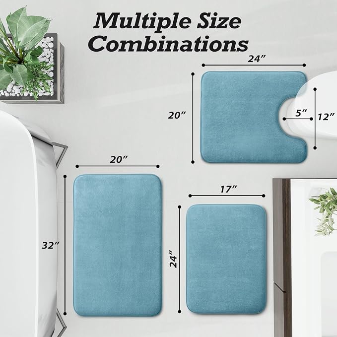 HUXMEYSON Bathroom Rugs Sets 3 Piece, Non-Slip & Quick Dry Bath Mat Set, Ultra Soft Velvet Bath Rugs for Bathroom, Toilet and Shower Floor, Lake Blue