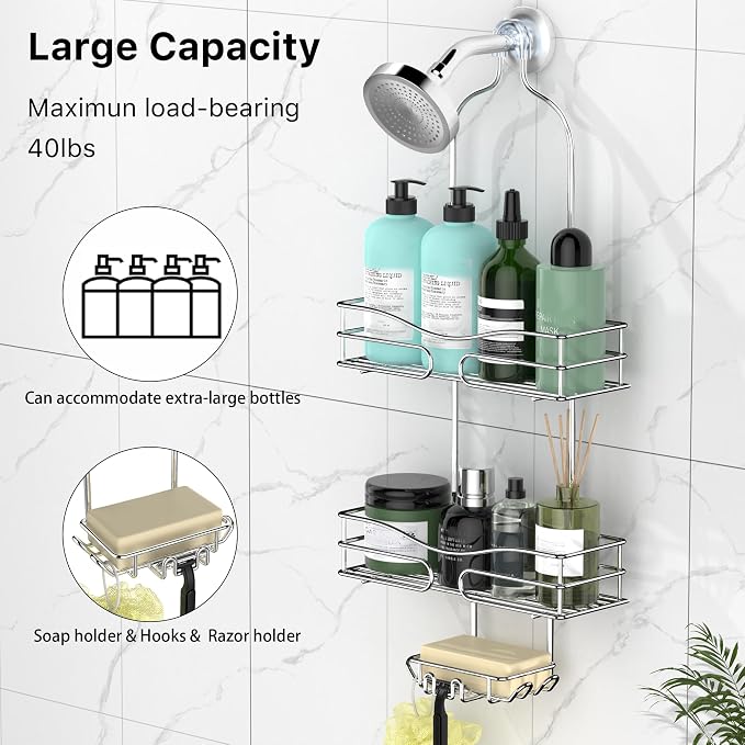 DAOYA Shower Caddy - Organizer with 6 Hooks, Soap Basket & Self-Adhesive Pad, Silver