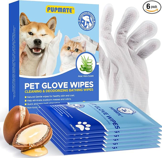 Pet Cleaning Glove Wipes for Dogs & Cats, Hypoallergenic Deodorizing Disposable No-Rinse Grooming Wipes, Extra Thick Bathing Wipes,Perfect for Pet Dry Cleaning,Daily Care and Travel,6 pcs