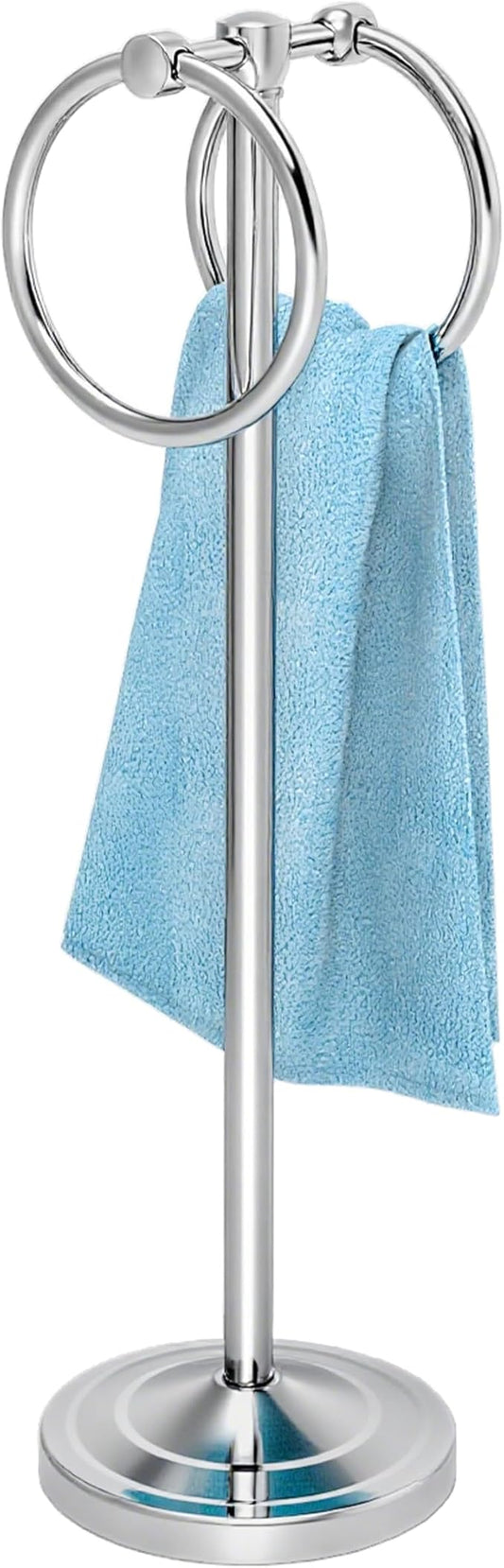 18" Hand Towel Holder Stand, Stainless Steel Free Standing Towel Rack Bar,Double Ring Towel Hanger with Weighted Base, Towel Hardware for Bathroom Vanity Kitchen Countertops(Chrome)