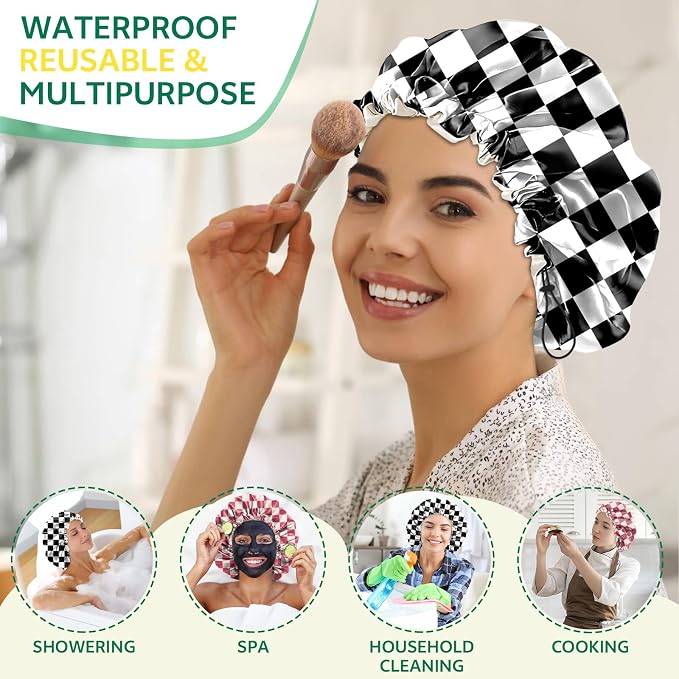 2 PCS Shower Cap Waterproof Double Layer Elastic Adjustable Reusable Hair Bath Caps for Girls Women Cute Aesthetic-Pink Black
