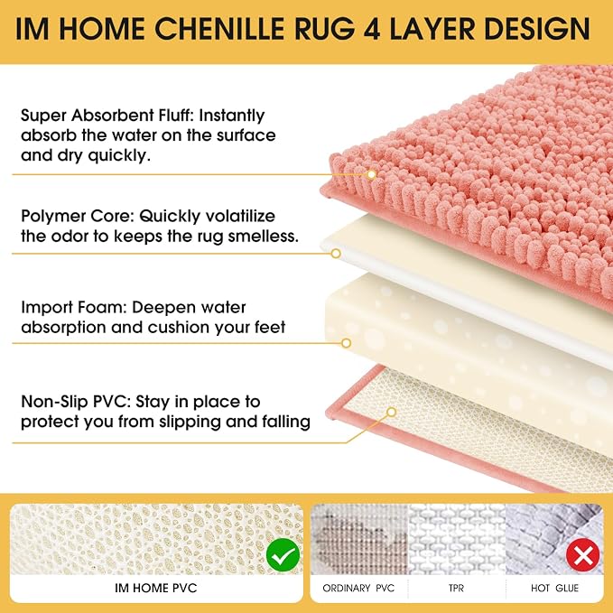 ACCUMTEK Upgrade Luxury Coral Bathroom Rug Mat 59"x20", Ultra Soft Thick Absorbent Bath Mats, Non Slip Chenille Toilet Mat for Bathroom, Bedroom, Kitchen, Shower, Tub