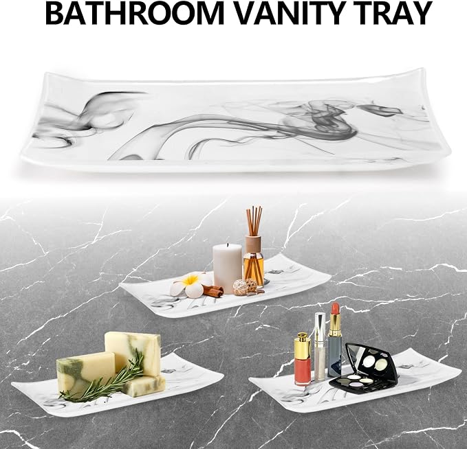 Haturi Bathroom Accessories Set, 4 Pcs Marble Look Sets Soap Dispenser & Toothbrush Holder Counter Top Restroom Apartment Decor Stuff, Glass Kits, Gift for Women and Men, Ink White | Kit w/ Bathroom Soap Dispenser Set, Toothbrush Holder, Qtip Holder, S...