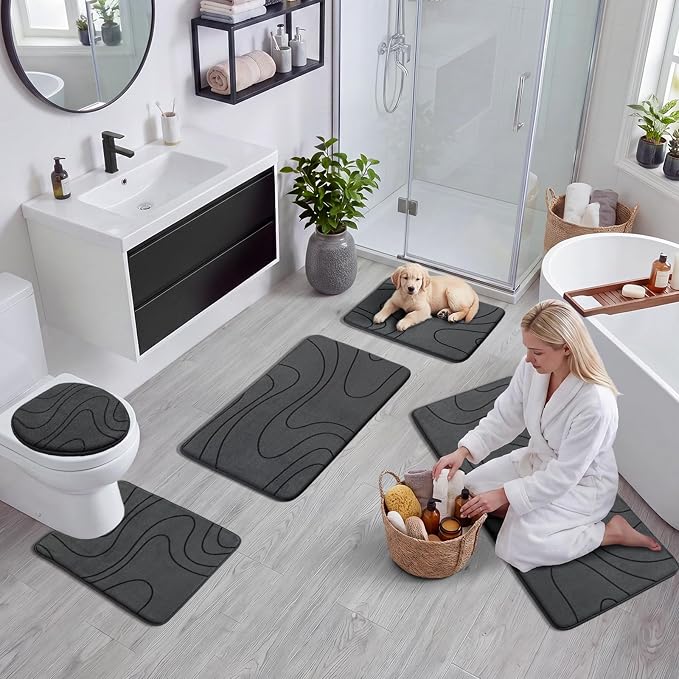 YIHOUSE Bathroom Rugs Sets 5 Piece - Thick Memory Foam Bath Mat, Dark Grey | Ultra Soft, Extra Thick, Super Absorbent, Non Slip, Machine Washable, For Bathroom Floor & Tub, 5 Pieces