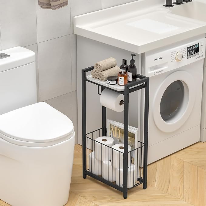 Freestanding Toilet Paper Holder with Storage Shelf | Bathroom Tissue Stand with Space for Phone, Tablet, and Magazines – All-in-One Toilet Roll Dispenser and Organizer