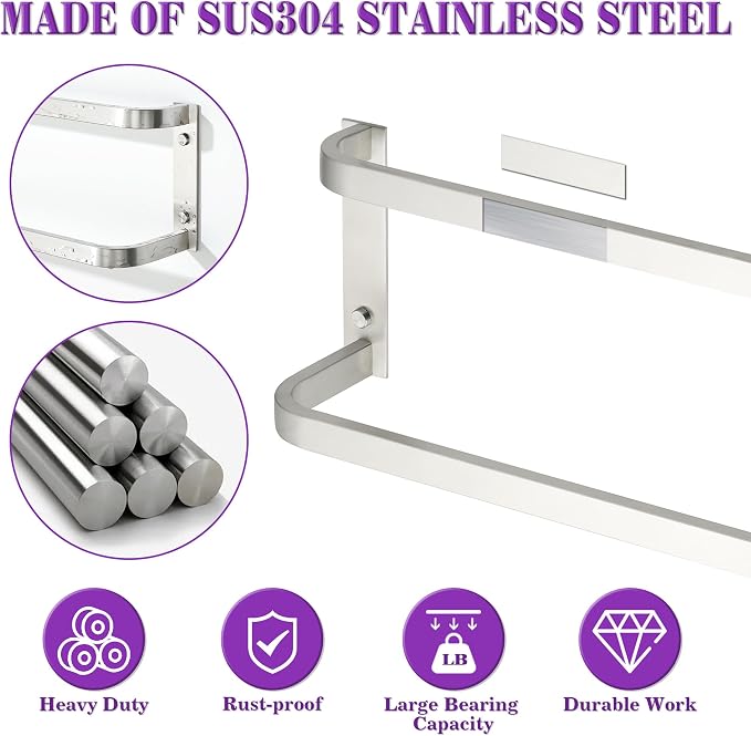 Alise Double Towel Bars for Bathroom,24 in Towel Holder Towel Racks for Bathroom Wall Mount,SUS304 Stainless Steel Double Towel Rail Towel Hanger for Walls,Brushed Nickel
