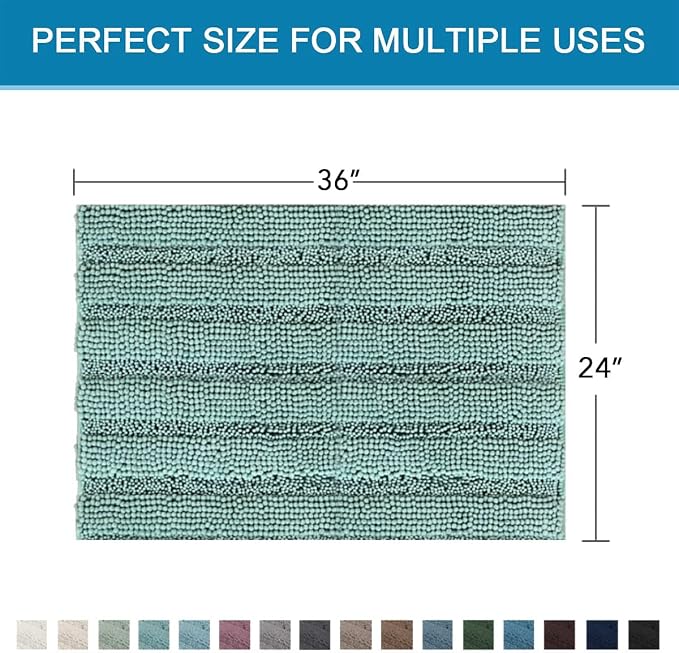 H.VERSAILTEX Bath Mats for Bathroom Non Slip Extra Thick Chenille Striped Bath Rug 24" x 36" Absorbent Non Skid Fluffy Soft Shaggy Rugs Washable Plush Mats for Indoor, Bath Room, Tub - Eggshell Blue