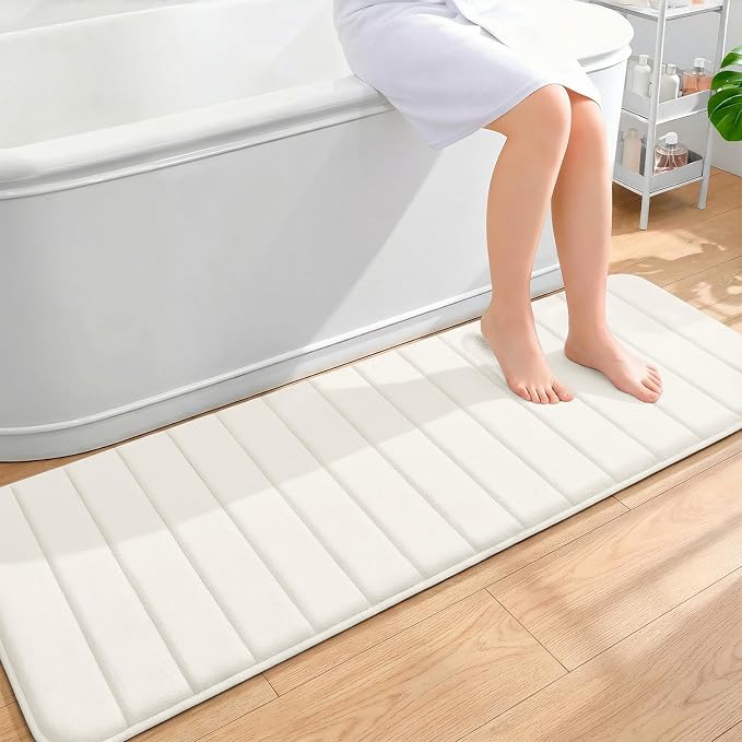 OLANLY Memory Foam Long Bathroom Rugs Runner 59x20, Super Soft Absorbent | Ivory, Quick Dry Bath Mat, Machine Washable Shower Floor Rugs, Bathmat Carpet for Bathroom Floor, Tub and Shower