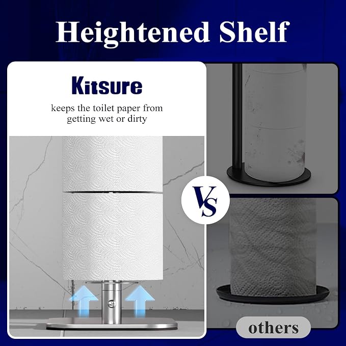 Kitsure Metal Toilet Paper Holder Free Standing, Medium, Chrome Silver | Rustproof Toilet Paper Stand for 4 Rolls, Bathroom Organizers and Storage with Anti-Slip Base and Plastic Shelf