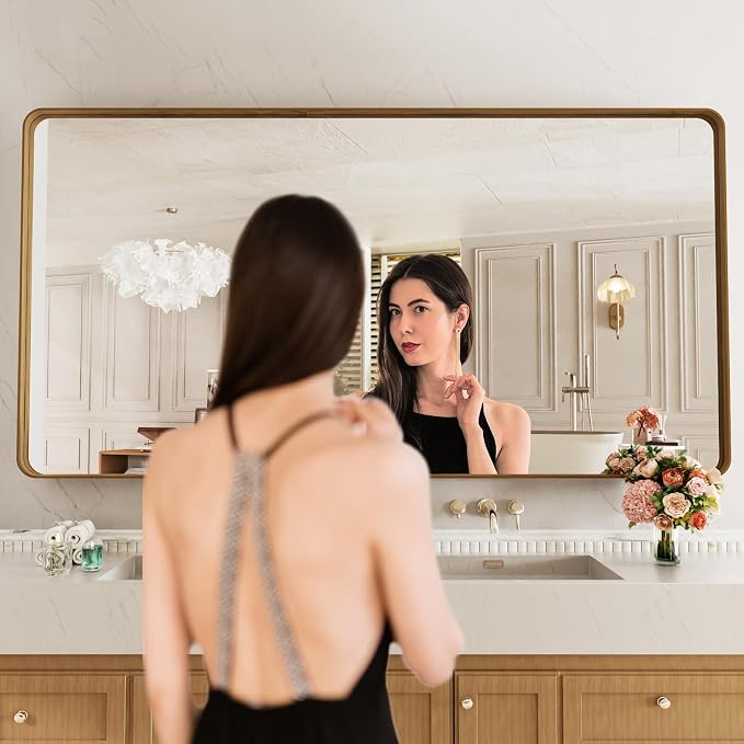 LOAAO 72X32 Inch Bathroom Mirror with Wood Grain Colored Metal Frame | Rounded Rectangle Metal Framed, Anti-Rust, Hangs Horizontally or Vertically, Tempered Glass