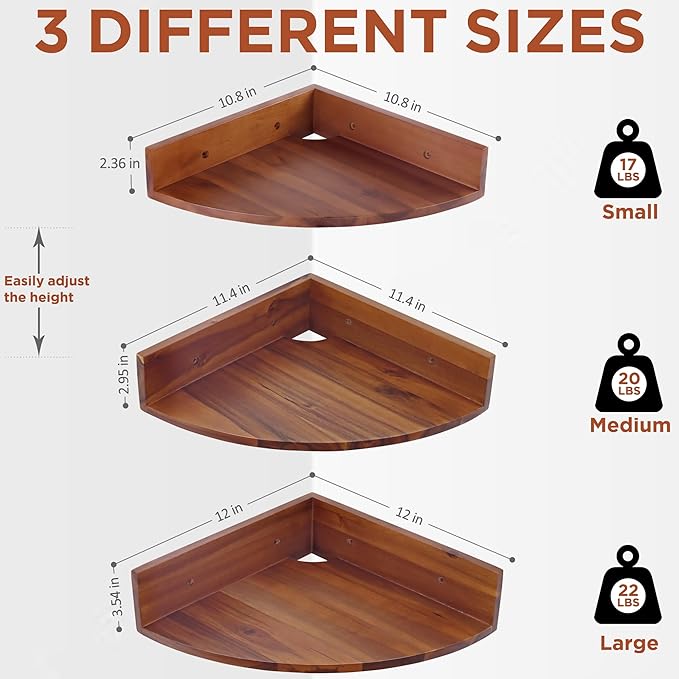Demigo Corner Shelf Wall Mount Set of 3, Solid Acacia Wood Round Floating Corner Shelves for Storage and Display, Hanging Wood Shelves for Bedroom, Kitchen, Living Room, Bathroom (Brown) | Hanging Wall Storage & Display Corner Rack for Bedroom, Kitchen...