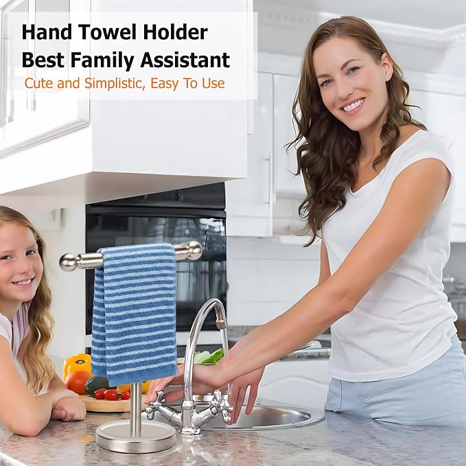 Hand Towel Holder Standing, T-Shape Towel Rack with Heavy Base, Regular Sized Hand Towel for Bath (Brushed Nickel, Stainless Steel)