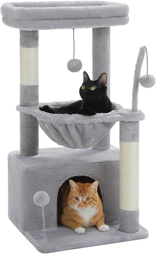 PEQULTI 4-in-1 Cat Activity Tree for Kittens & Small Cats, 33in Grey Tower | Compact 33in cat tower: deep hammock, cozy condo, top perch, sisal post; removable washable cover; wide base for small cats