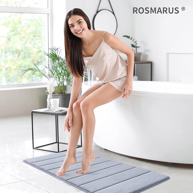 ROSMARUS Memory Foam Bath Mat, 17''x24'', Grey | Water Absorbent, Ultra Soft, Non Slip, Thick Foam, Bathroom Rugs for Floor & Tub, Machine Washable Care