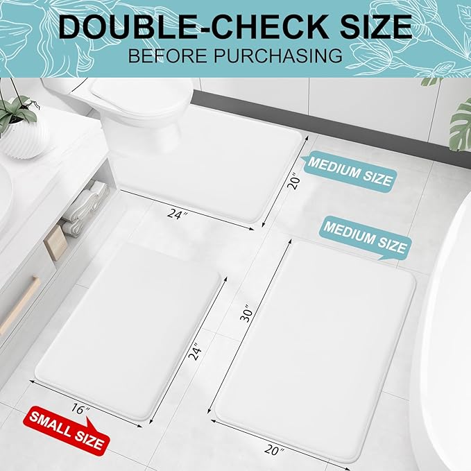 Smiry Memory Foam Bath Mat 24x16, Extra Soft and Absorbent Bathroom Rugs | White, Quick Dry Machine Washable Non-Slip Bath Mat for Bathroom Floor, Shower and Tub