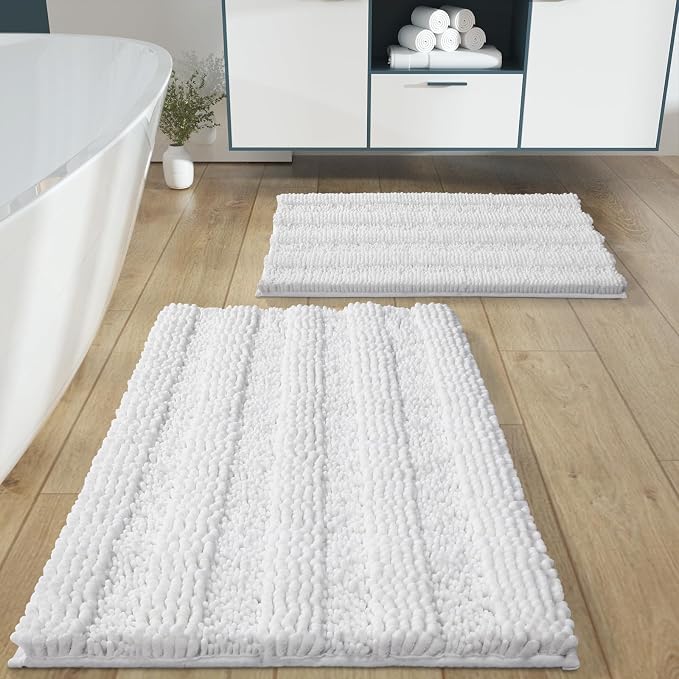 Yimobra Bathroom Rug Set 2 Piece, Absorbent Chenille, 32x20+24x17, White | Non Slip Machine Washable Quick Dry Bath Mat Set, Soft Plush Shower Rugs for Bathroom Floor Sink Tub and Shower Outside