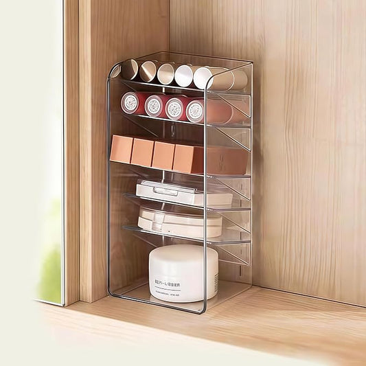 PAVSTINE Medicine Cabinet Organizer with Adjustable Dividers, Clear Vertical Layered Backward Slanting Shelves for Pressed Powder/Lip Gloss/Mascara Storage (5-Tier Gentle Slant)