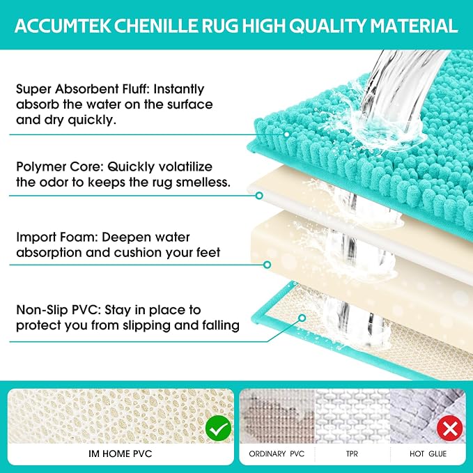 ACCUMTEK Upgrade Extra Large Teal Green Bathroom Rug Set 3 Pieces Ultra Soft, Thick Absorbent Bath Mats, Non Slip Chenille Toilet Mat for Bathroom, Bedroom, Kitchen, Turquoise