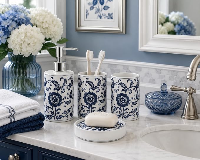 4 Piece Blue and White Ceramic Bathroom Accessories Set, Chinoiserie Floral Soap Dispenser, 2 Toothbrush Holders/Tumblers and Soap Dish, Porcelain Style Bath Countertop Decor