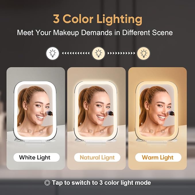 FUNTOUCH 2000mAh Rechargeable Travel Makeup Mirror with Lights | Light up Portable Vanity Mirror with 80 LEDs,Brightness Adjustable,3 Lighting, Dimming Compact Mirror