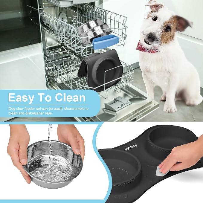 Slow Feeder Dog Bowls 3 in 1 Stainless Steel Food Water Bowl to Slow Eating | Durable, Non-spill & Non-skid with Silicone Mat Design, Slow Down Eating, Suitable for Small Medium Large Dogs and Cats
