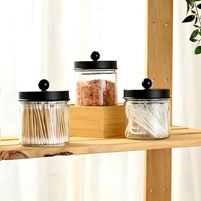 SheeChung Glass Mason Jar Qtip Holder, Black Stainless Steel Lids, 2 Pack | Clear Apothecary Jar Canisters Set,Bathroom Jar Dispenser,Vanity Storage Organizer for Cotton Swab,Ball,Floss,Farmhouse Decor