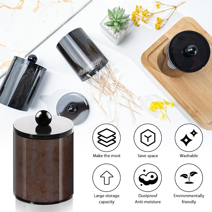 2 Pcs Acrylic Qtip Holder, Cotton Ball Holder Jars with Lids, Black | Apothecary Jars for Cotton Swabs, Balls, Pads and Floss Picks, Bathroom Vanity Organizer