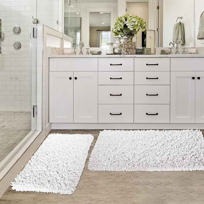 Yimobra Bathroom Rug Set 2 Piece, Luxury Shaggy Bath Mat Set with Non Slip Backing, Ultra Soft & Absorbent Mats for Bathroom Floor, Machine Washable, 44"x24"+24"x17", White