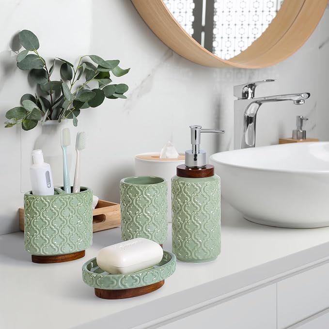 RQYIXI Ceramic 4-Piece Bathroom Accessories Set,Sage Green | Countertop Essentials Embossed Textured Design Solid Wood Non-Slip Detail Sage Green Finish