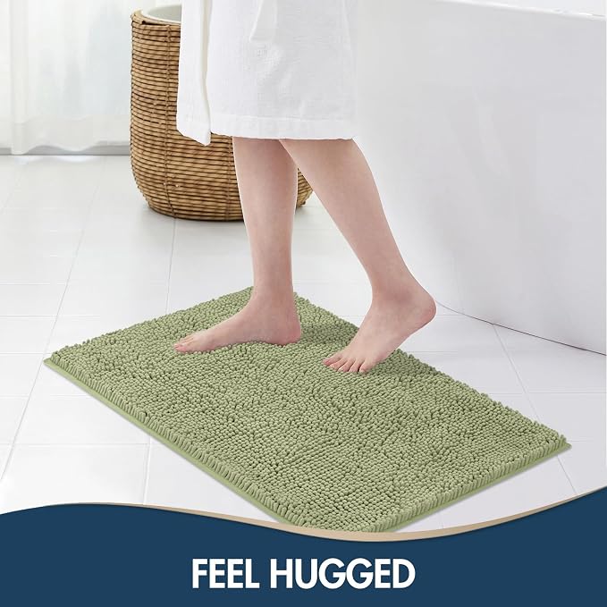TREETONE Bathroom Rugs Sets, Thick Soft Absorbent 3 Piece Chenille Bath Rugs, Non-Slip, Dry Quickly, Machine Washable, Shaggy Mats with U-Shaped Toilet Rug for Bath Floor, Tub and Shower, Sage Green