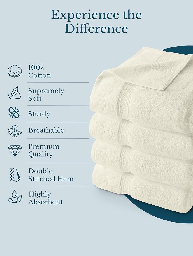 Utopia Towels 8 Pack Premium Bath Towels Set, 27 by 54 Inches, 100% Ring Spun Cotton 600GSM, Lightweight and Highly Absorbent Quick Drying Towels, Perfect for Daily Use, Ivory
