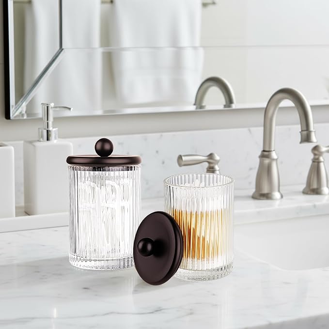 SheeChung 2 Pack Bronze Ribbe Glass Qtip Holder with Metal Lids | Apothecary Jars Bathroom Organizer Countertop Vanity Canister Set for Cotton Swabs, Rounds, Floss Picks-Modern Luxury Decor