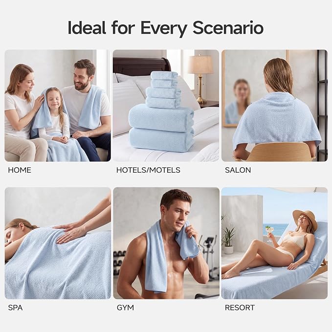 REDKISS Ultra Soft 6 Piece Towel Set, Premium Towels for Bathroom, Highly Absorbent, Quick Dry, Lightweight Bath Towels Set Collection, Includes 2 Bath Towels, 2 Hand Towels, 2 Washcloths, Light Blue