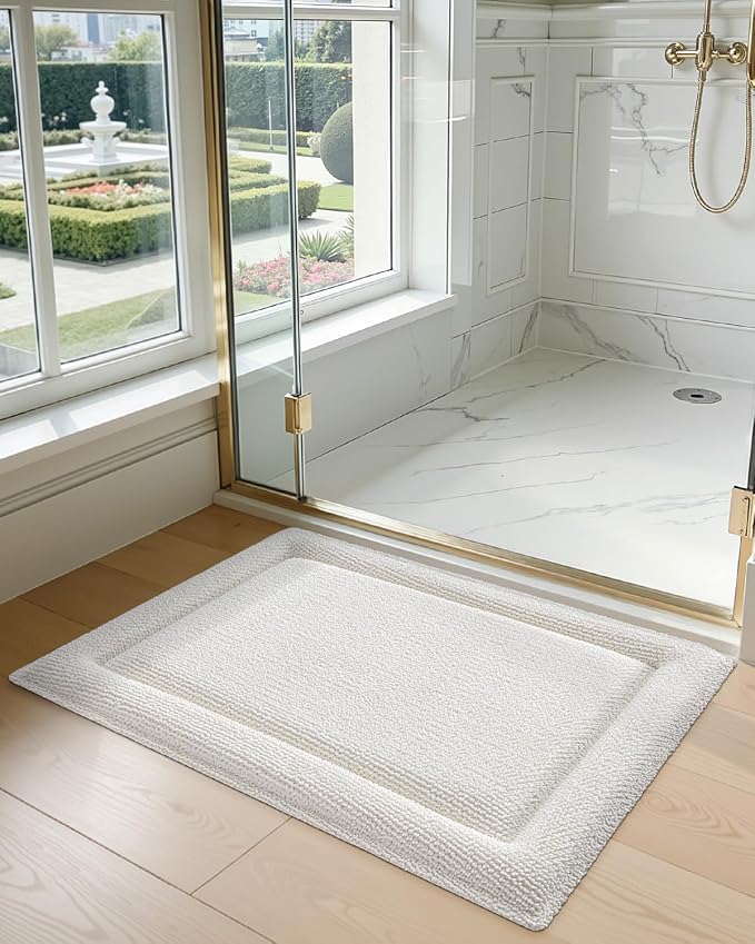 DEXI Memory Foam Bath Mat 24x17, Thick Chenille Bathroom Rug, Ivory | Ultra Soft Absorbent, Non Slip Quick Dry, Cushion Plush Bath Carpet for Tub Shower, Sink