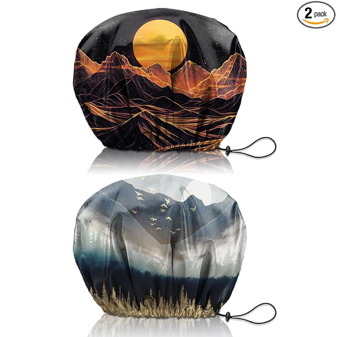 2 PCS Shower Cap Reusable Waterproof Double Layers Hair Caps Shower Bath Adjustable Elastic Hat for Women Girls Cute Aesthetic-Sunset Forest
