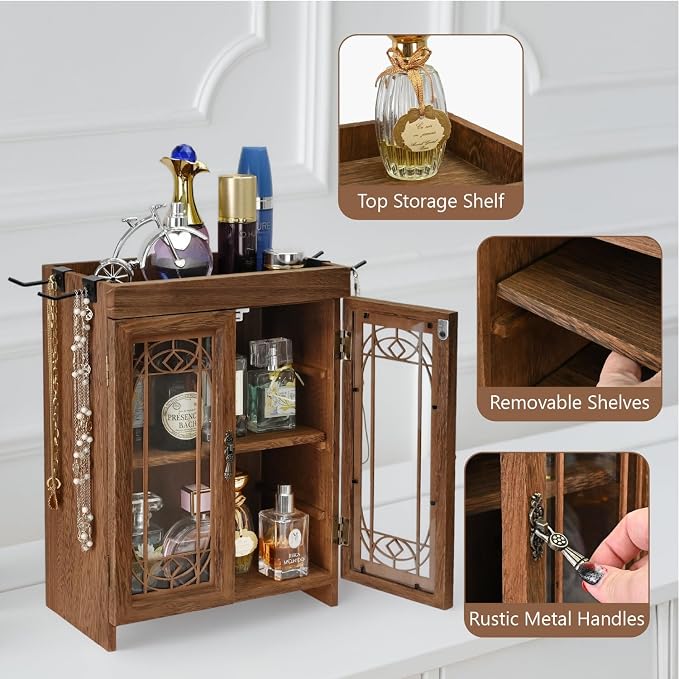Ikee Design 4-Tier Small Wooden Countertop Storage Cabinet with Adjustable Shelves and Doors, Removable Hooks, Perfect for Perfume, Pantry, Essential Oil, Collection, 14.8W x 6.1D x 14.4H in, Brown
