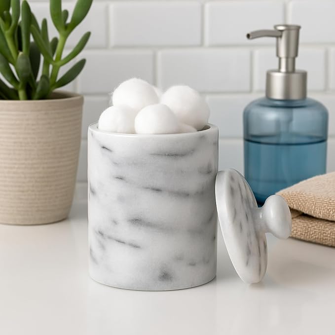 Creative Home Natural Marble Cotton Swab Canister with Lid, Off-White