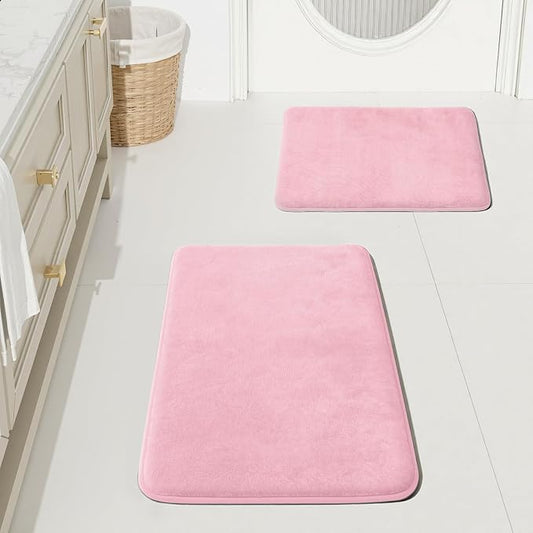 Bathroom Rugs Sets 2 Piece, Non-Slip & Quick Dry Bath Mat Set, Ultra Soft Velvet Bath Rugs for Bathroom, Toilet and Shower Floor, Rose Pink