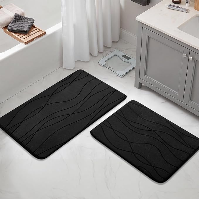 Bathroom Rugs Set 2 Piece, Memory Foam Bath Mat Black | 17x24& 20x32, Ultra Soft, Absorbent, Non-Slip, Machine Washable, for Bathroom, Sink and Toilet